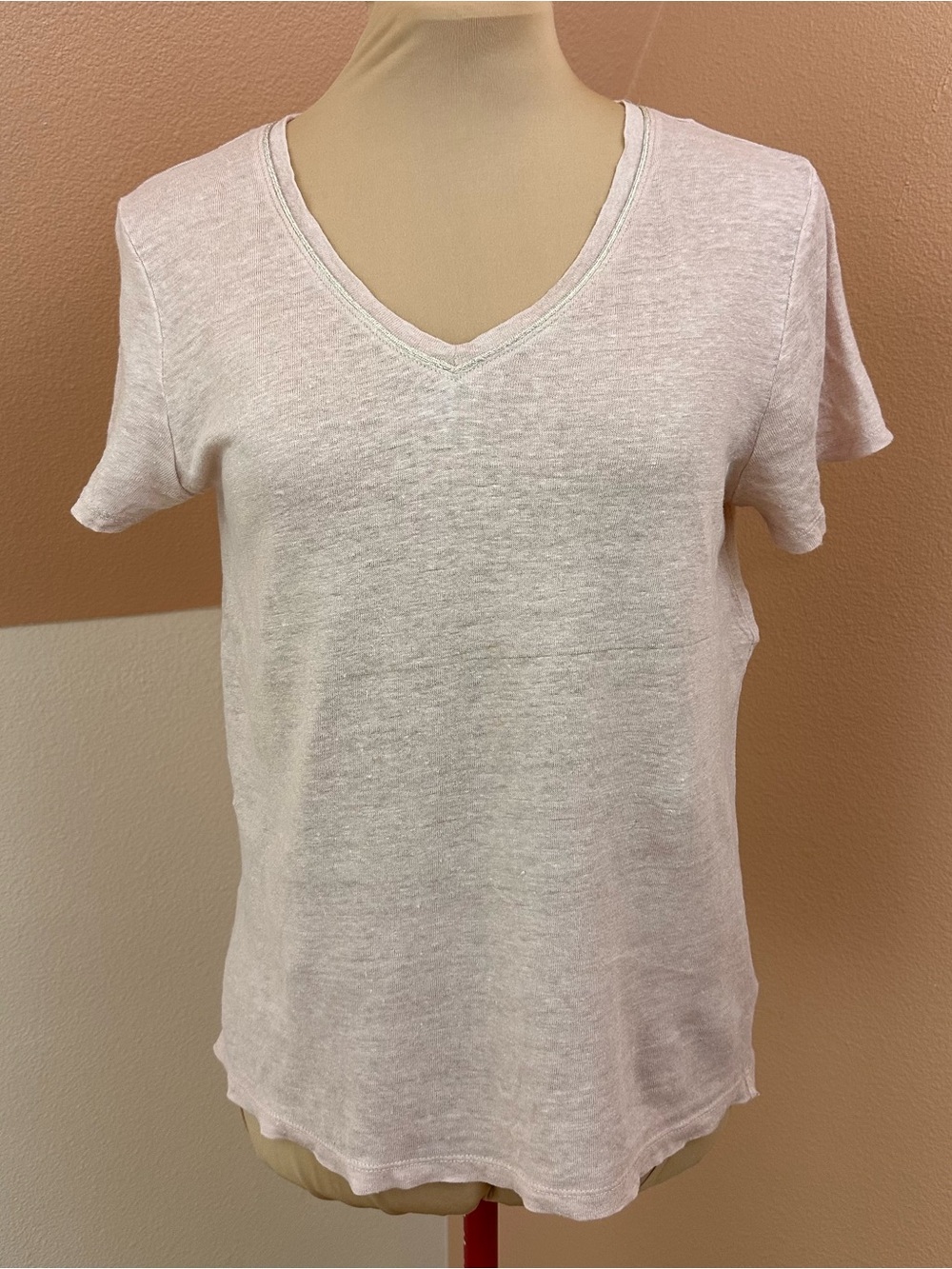 Nicole Miller New York 100% Linen T-Shirt Womens M Rose Blush Shimmer V-Neck Tee